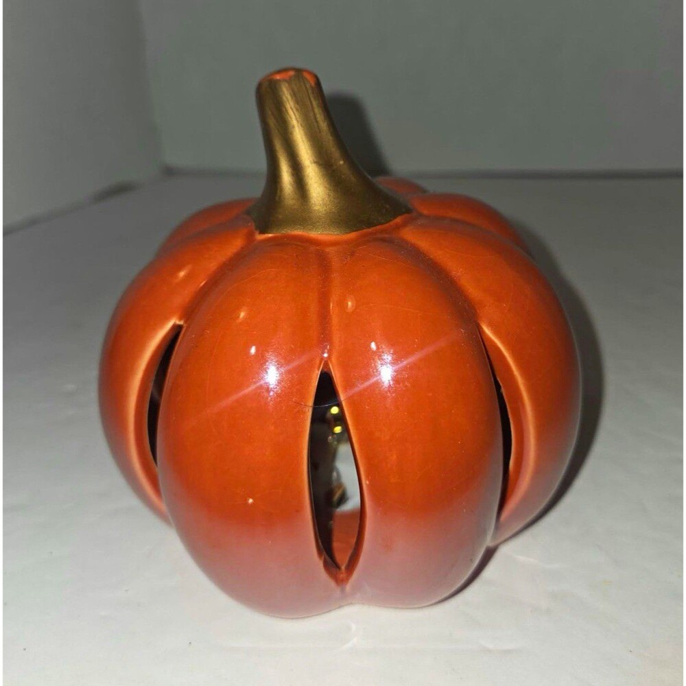 Halloween Pumpkin Figurine Orange Glossy Ceramic Gold Stem 3" Free Standing